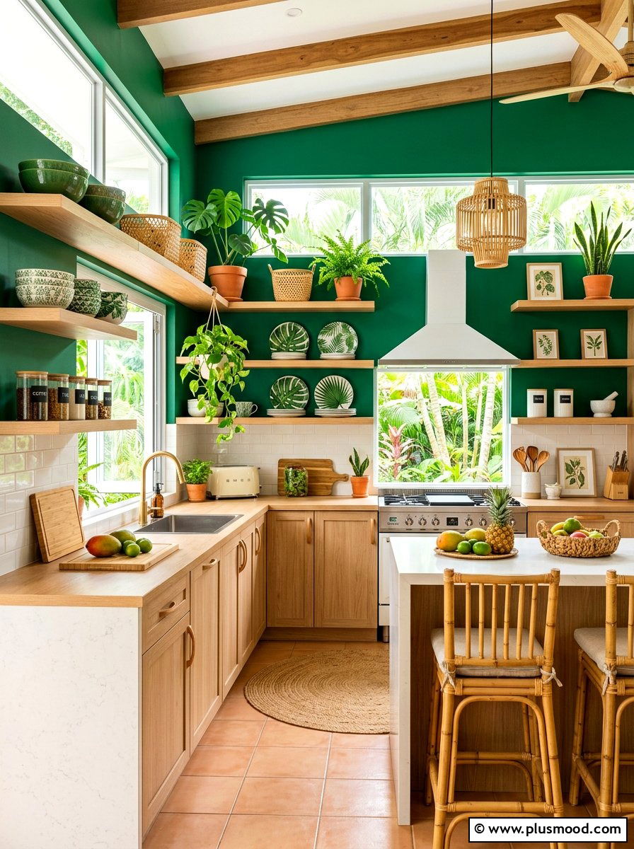 Tropical Green Kitchen Shelving Style - 25 summer open shelf summer kitchen ideas
