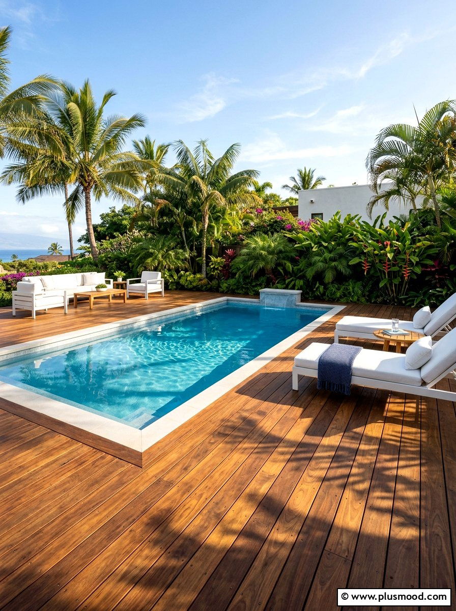 Tropical Hardwood Pool Deck - 25 pool landscaping ideas with tropical theme