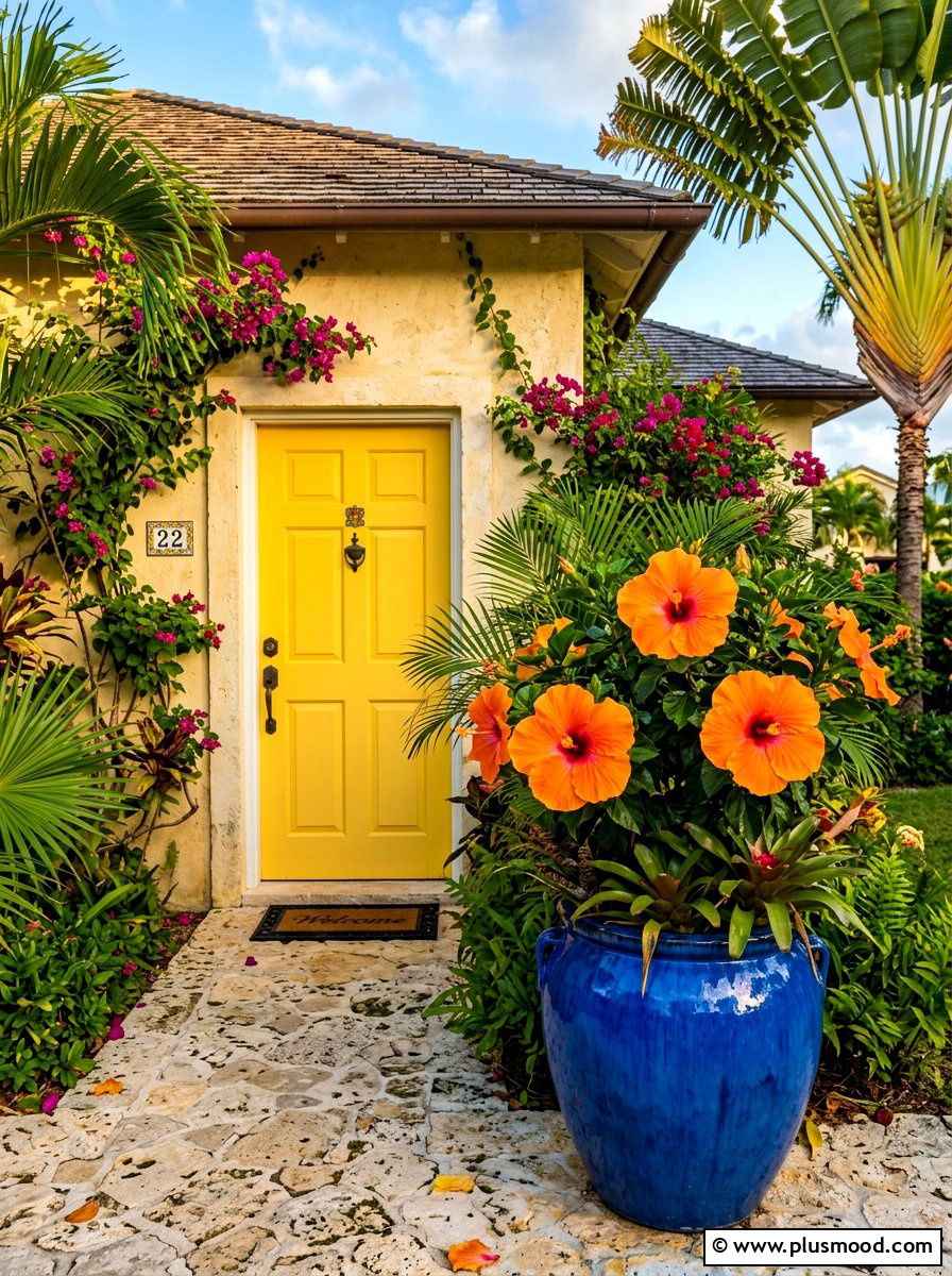 Tropical Hibiscus Entrance Display - 25 summer container ideas for front door