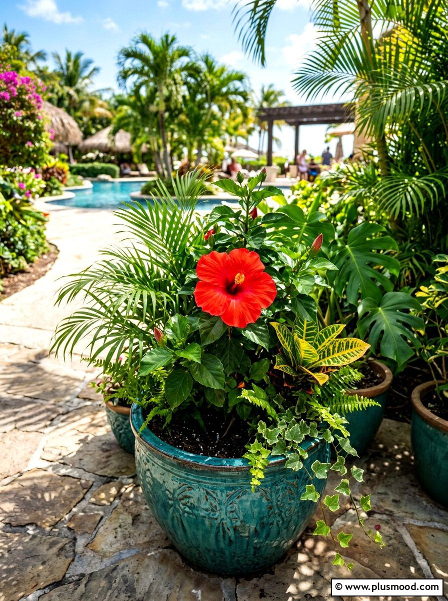Tropical Hibiscus Floral Container - 25 summer low maintenance planter ideas