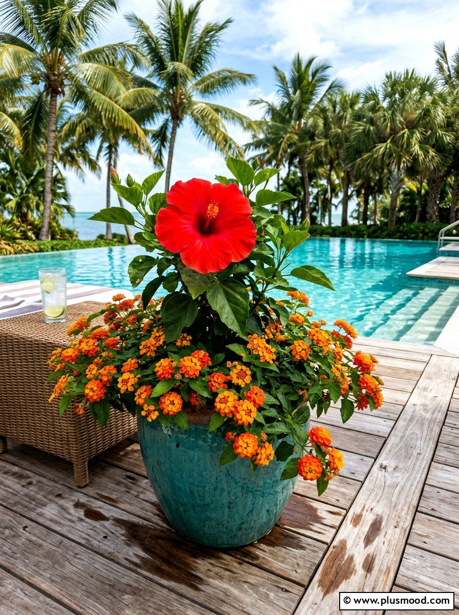 Tropical Lantana And Hibiscus Arrangement - 25 summer planters with lantana ideas