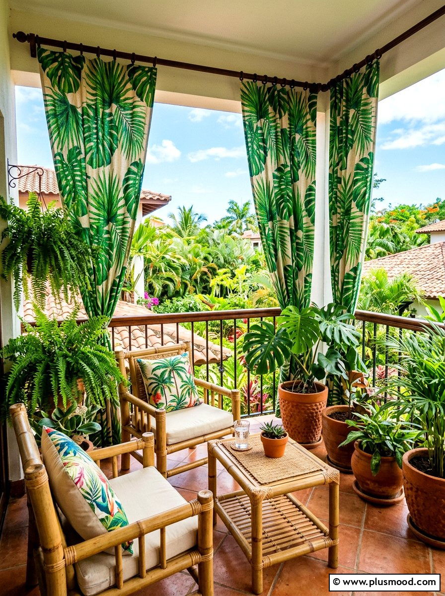 Tropical Leaf Balcony Curtains - 25 summer balcony curtain ideas