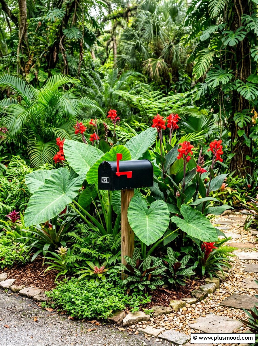 Tropical Leaf Mailbox Garden - 25 summer mailbox planter ideas