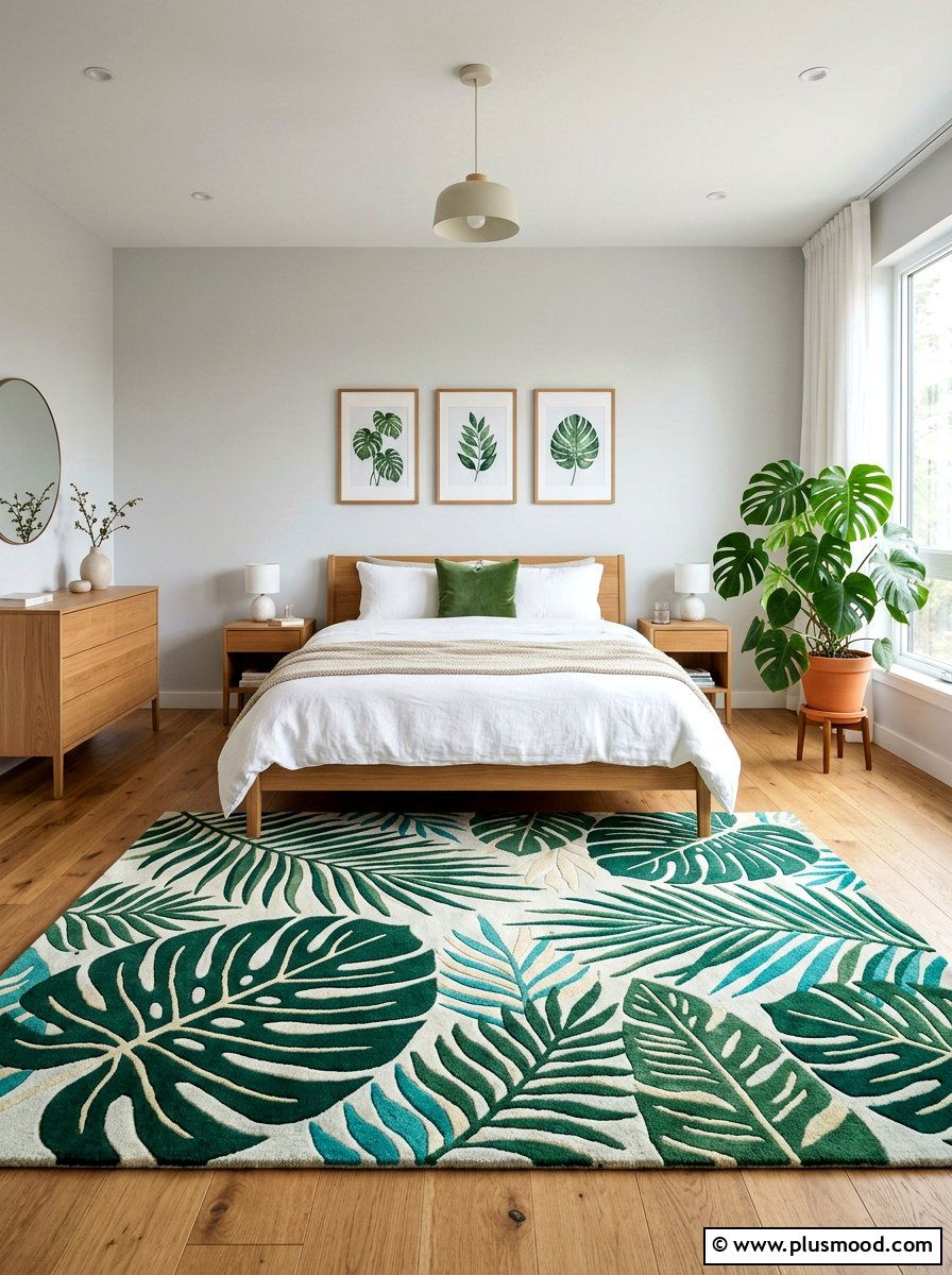 Tropical Leaf Pattern Rug - 25 summer botanical bedroom ideas