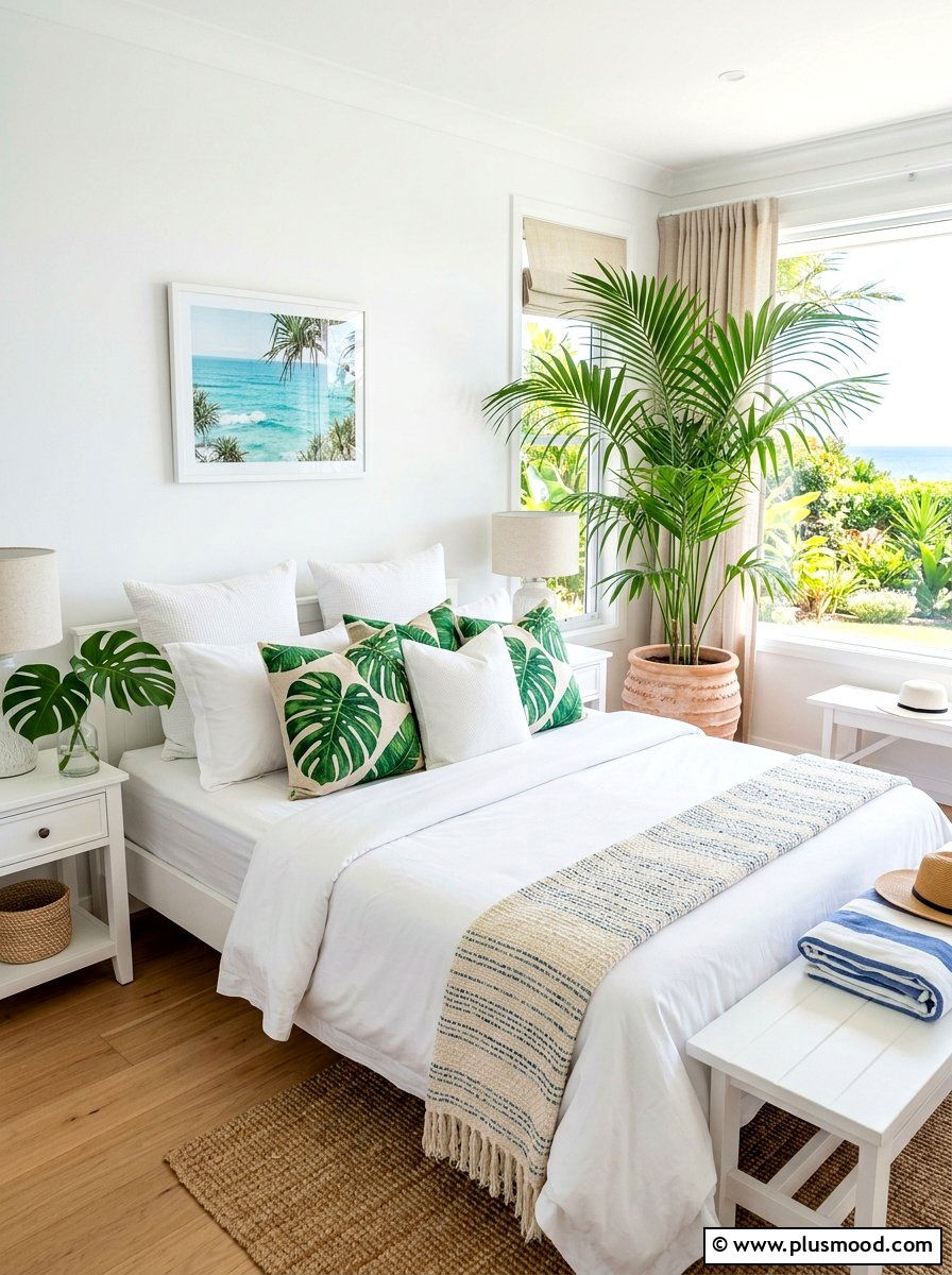 Tropical Leaf Pillows - 25 beachy summer bedroom ideas