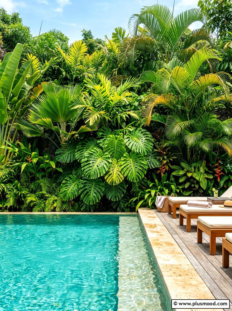 Tropical Leaf Pool Backdrop - 25 summer pool party decor ideas