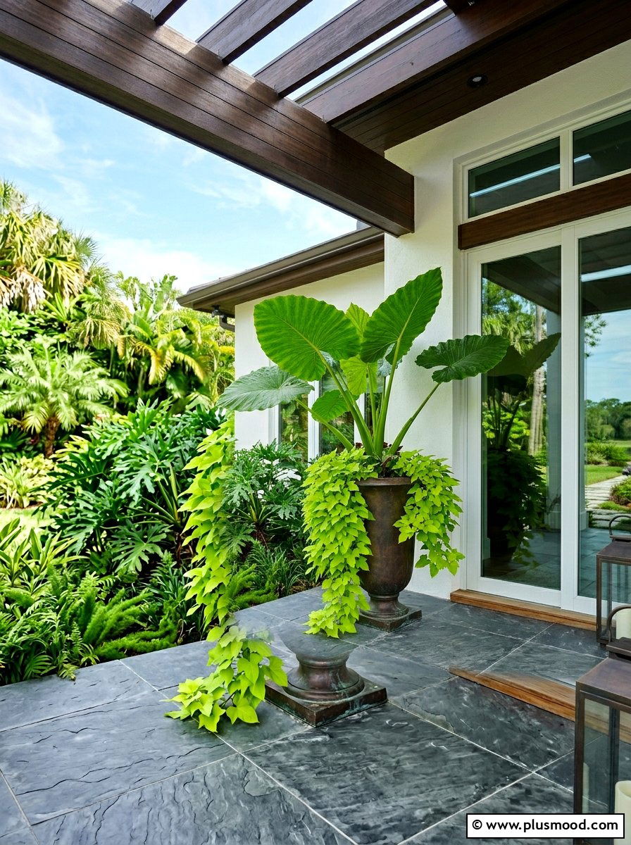 Tropical Leaf Porch Planter - 25 summer flower pot arrangement ideas for front porch