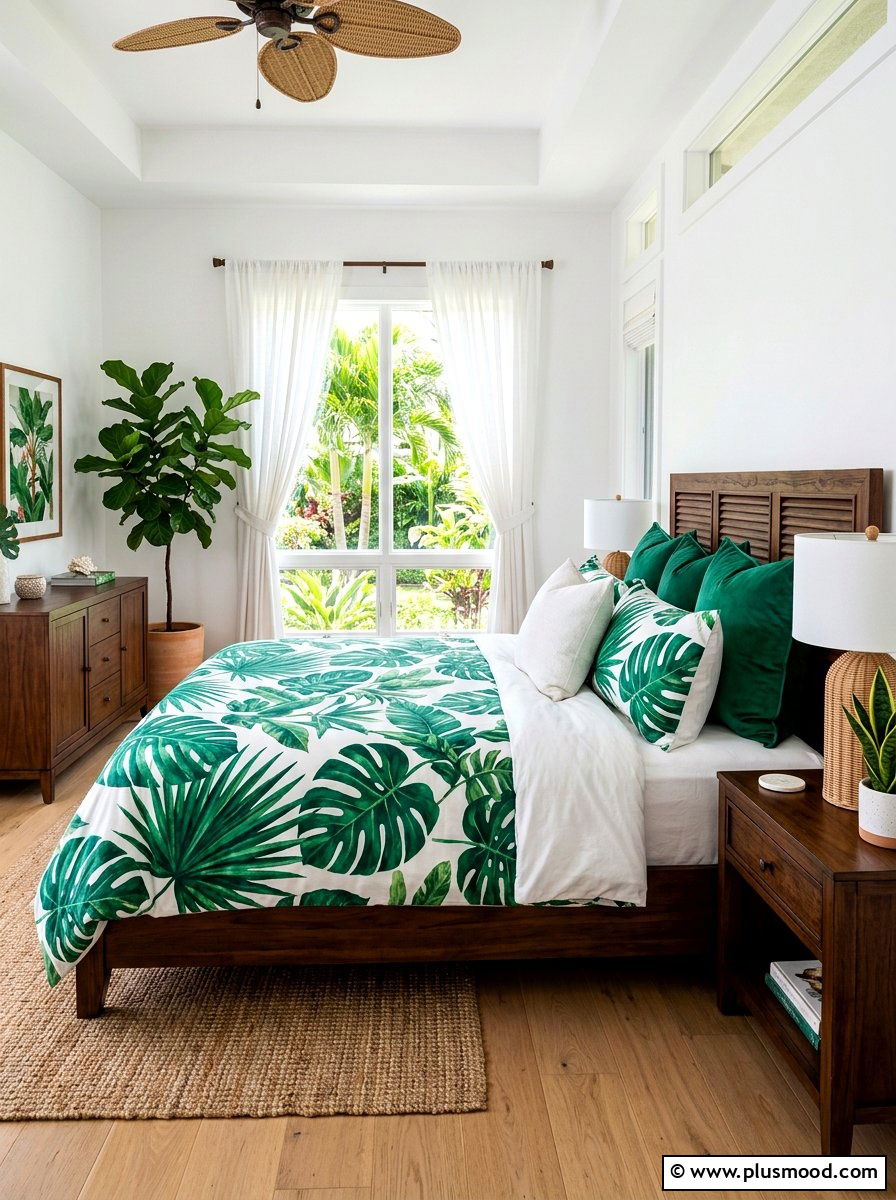 Tropical Leaf Print Bedding - 25 summer bed styling ideas