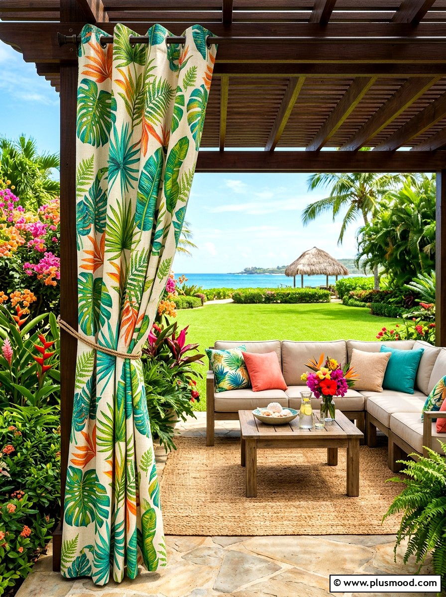 Tropical Leaf Print Outdoor Drapes - 25 summer patio ideas with outdoor curtains