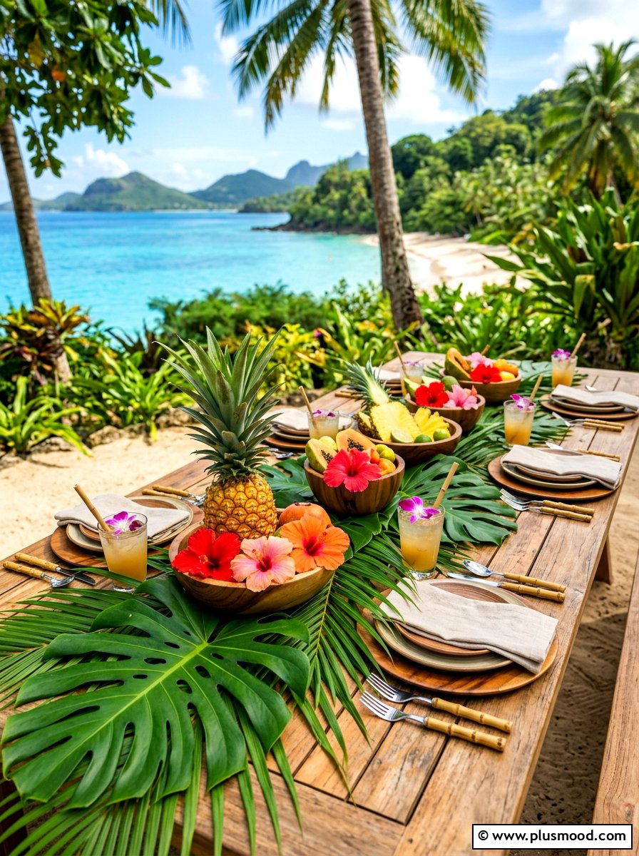 Tropical Leaf Table Runner - 25 summer buffet table decor ideas