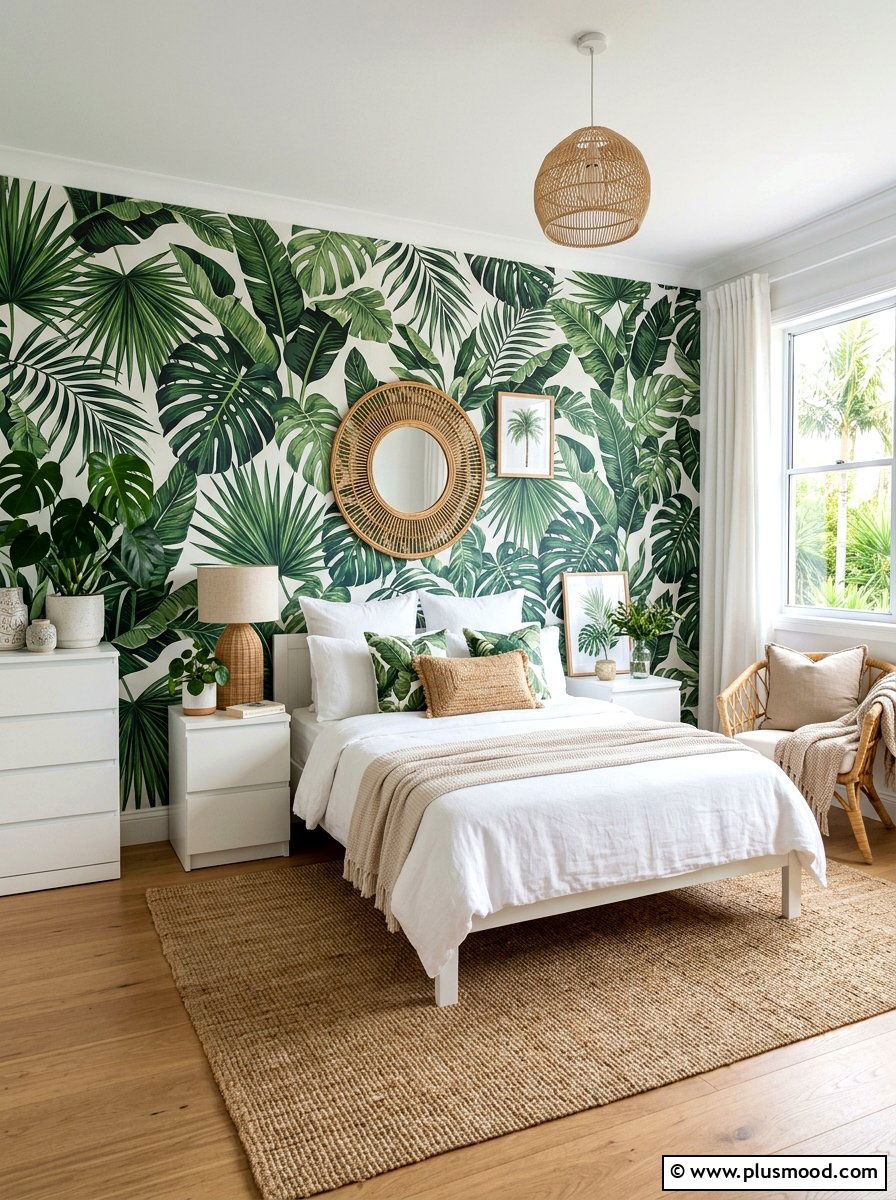 Tropical Leaf Wallpaper - 25 summer beachy bedroom ideas