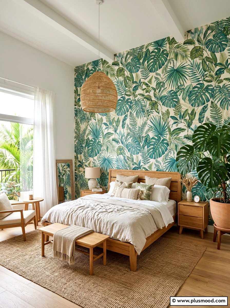 Tropical Leaf Wallpaper - 25 cool summer bedroom ideas