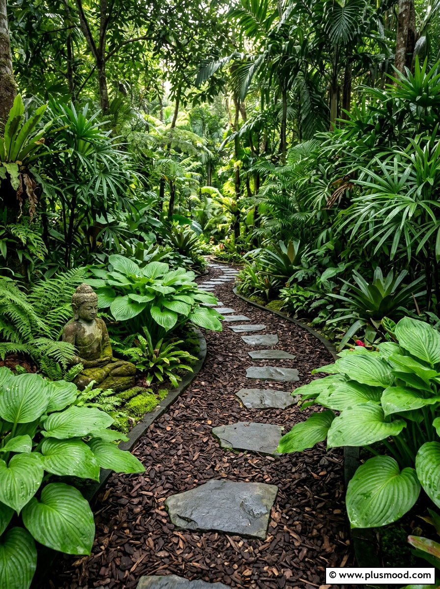 Tropical Mulch Pathway - 25 small backyard ideas for no grass yards