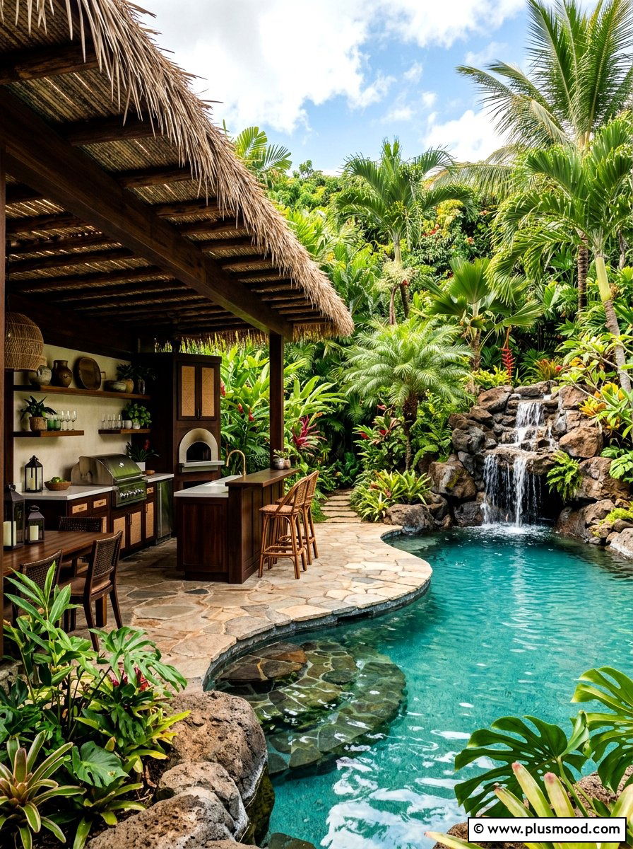 Tropical Oasis Kitchen - 25 pool landscaping ideas with outdoor kitchen