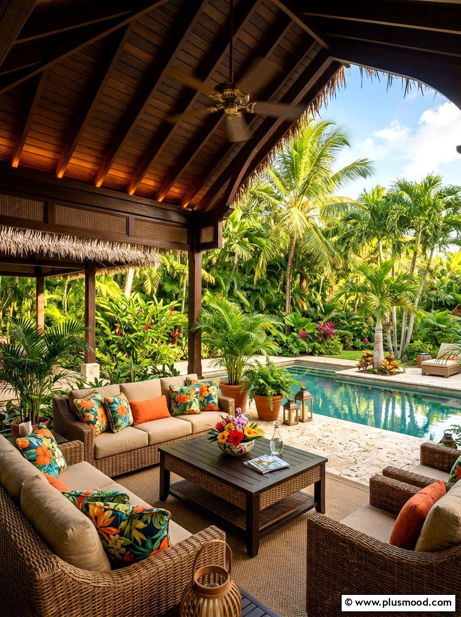 Tropical Oasis Pool House Lounge - 25 summer pool house decor ideas