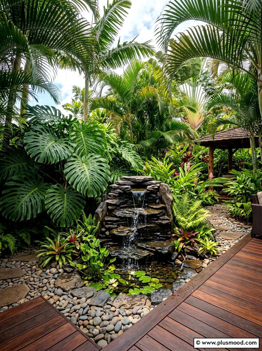 Tropical Oasis With Slate Fountain - 25 small backyard ideas with fountain