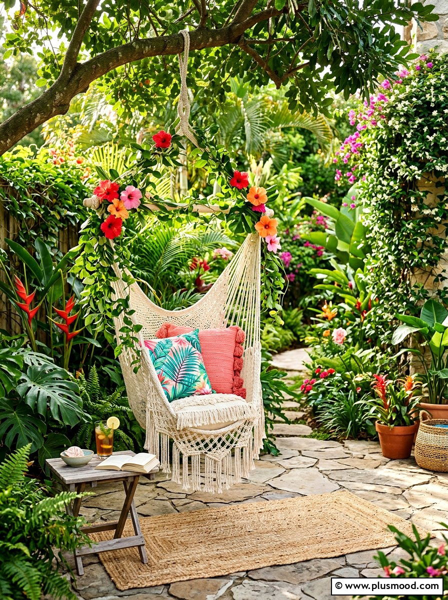 Tropical Outdoor Swing - 25 summer tropical party decor ideas