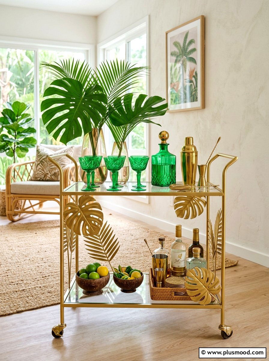 Tropical Palm Leaf Bar Cart - 25 summer bar cart styling ideas for summer