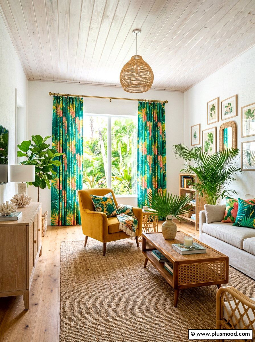 Tropical Palm Pattern - 25 summer curtains ideas for living room