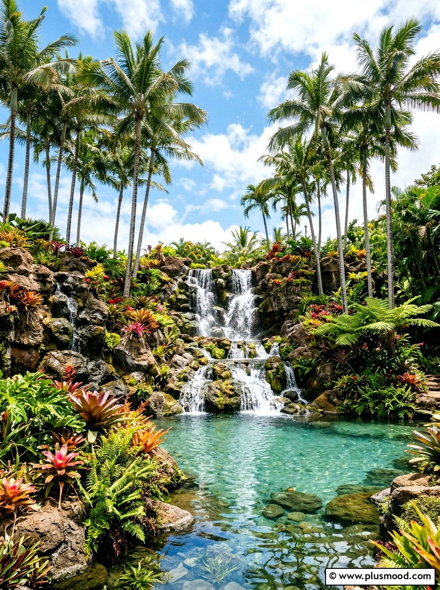 Tropical Palm Tree Waterfall - 25 pool landscaping ideas with waterfalls