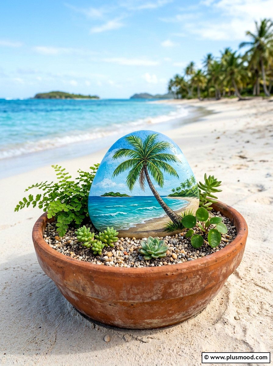 Tropical Palm Tree - 25 painted rock ideas with beach theme