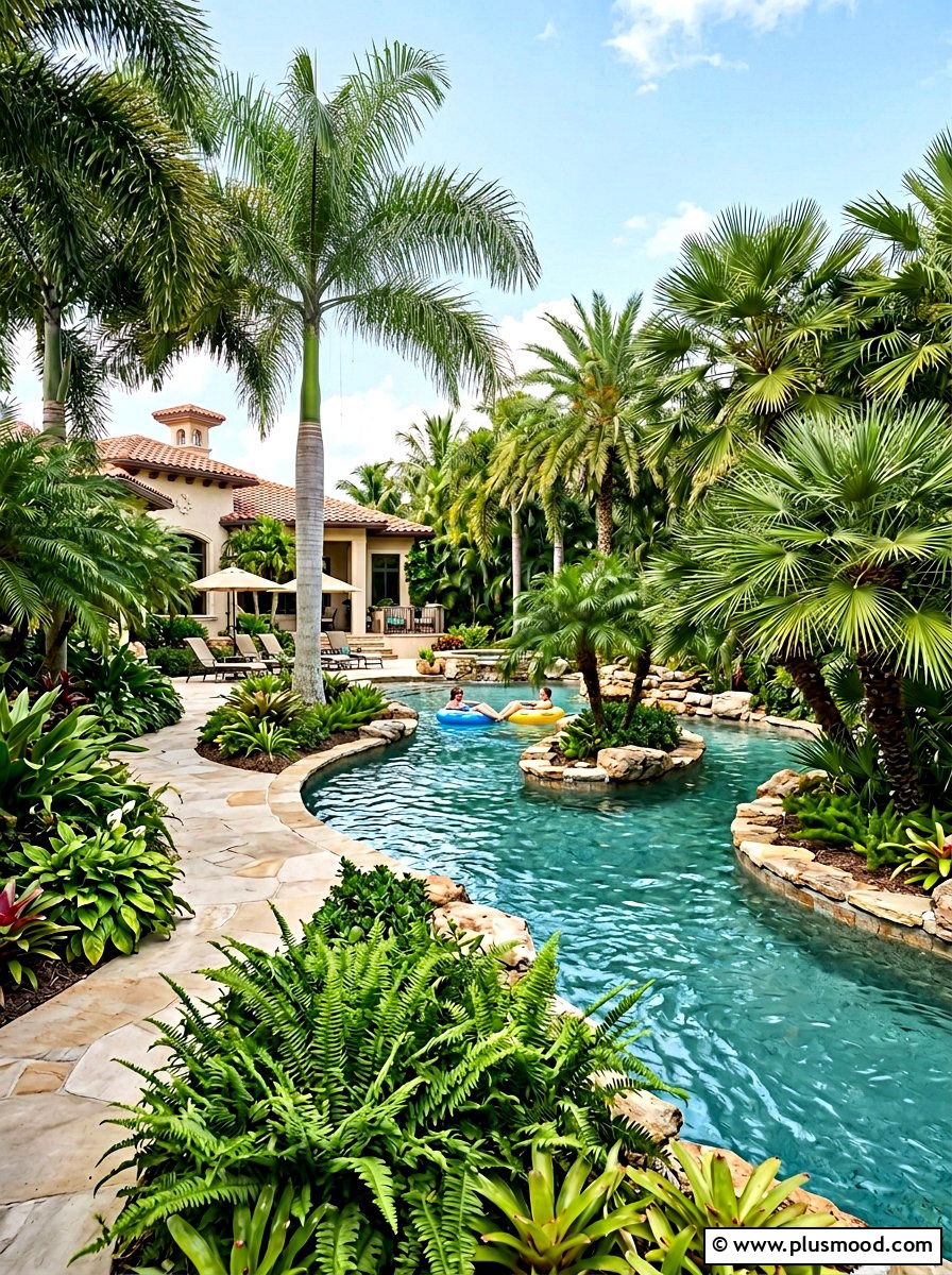 Tropical Palm Trees - 25 pool landscaping ideas for lazy river pools