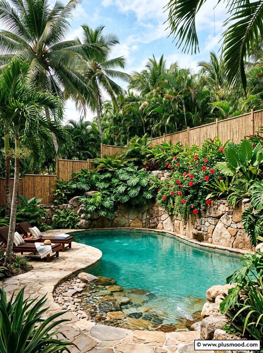 Tropical Planted Pool Wall - 25 pool landscaping ideas with retaining wall