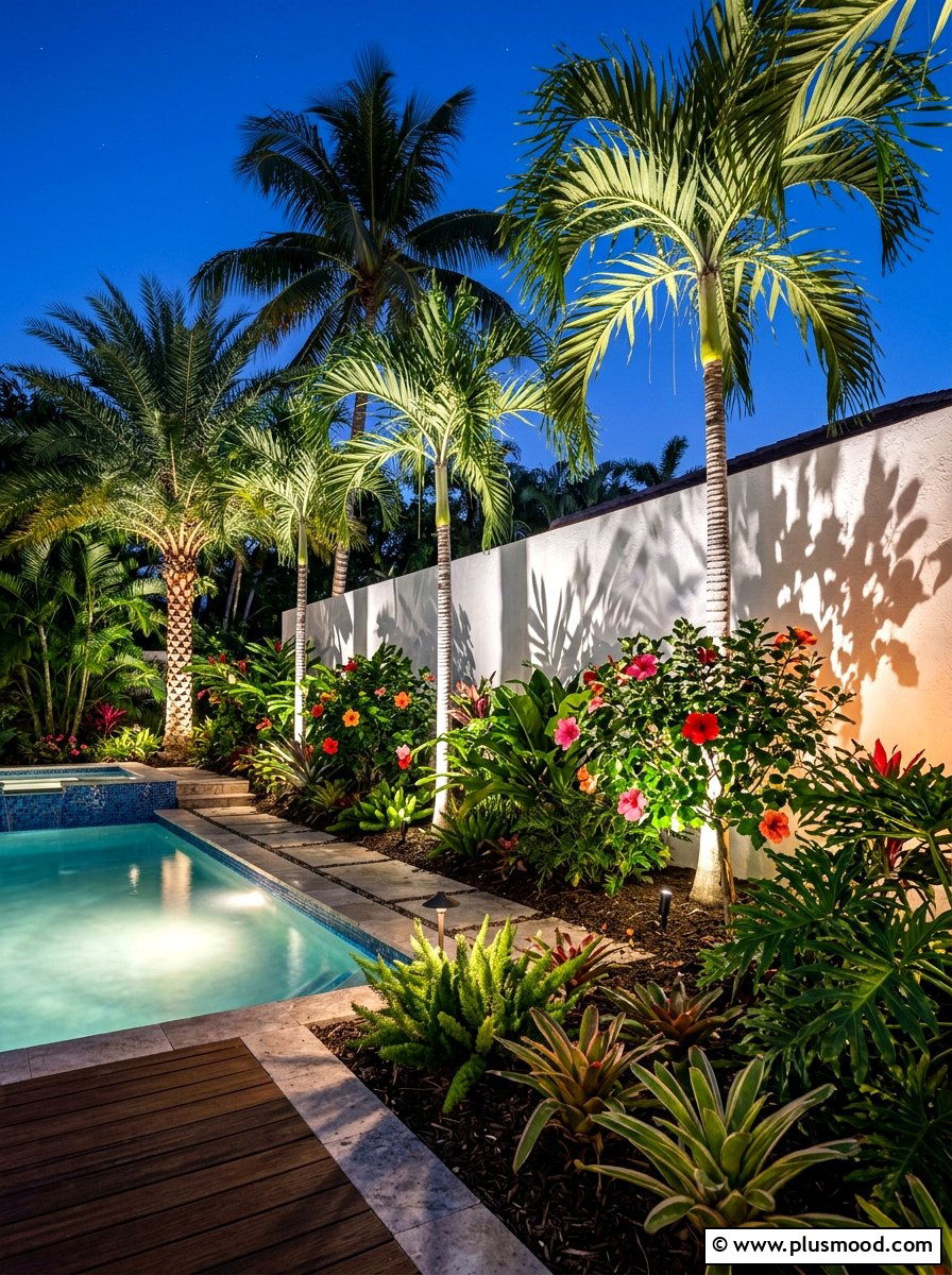 Tropical Plants Around Pool With Uplighting - 25 pool landscaping ideas with night lighting