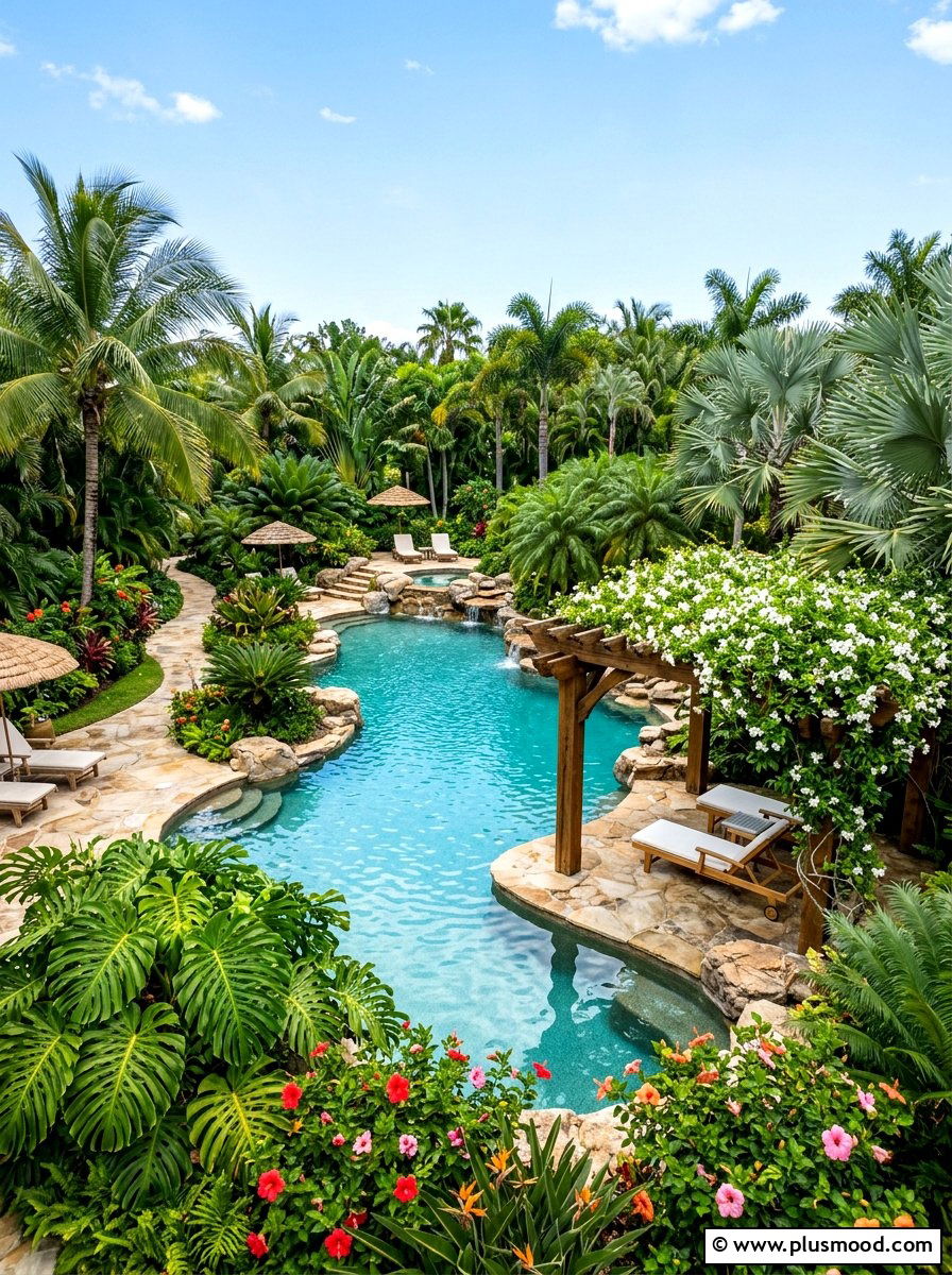 Tropical Pool Landscape - 25 pool landscaping ideas with pergola