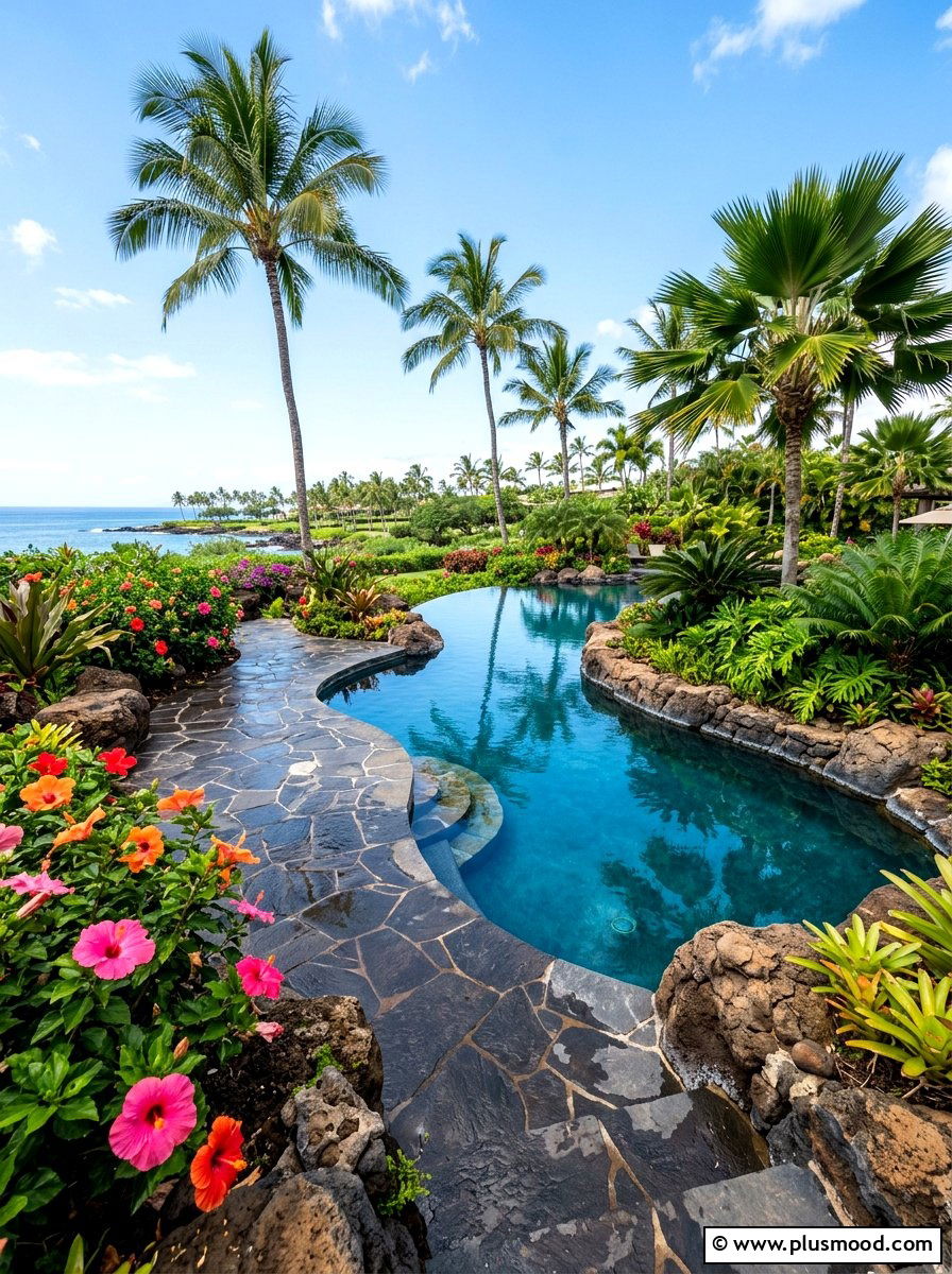Tropical Pool With Dark Flagstone - 25 pool landscaping ideas with flagstone