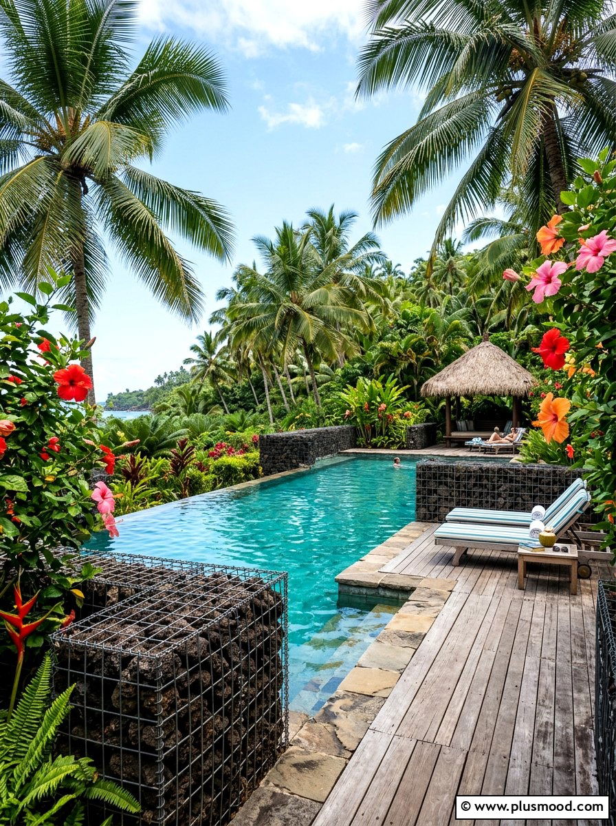 Tropical Pool With Gabion Walls - 25 pool landscaping ideas with gabion walls