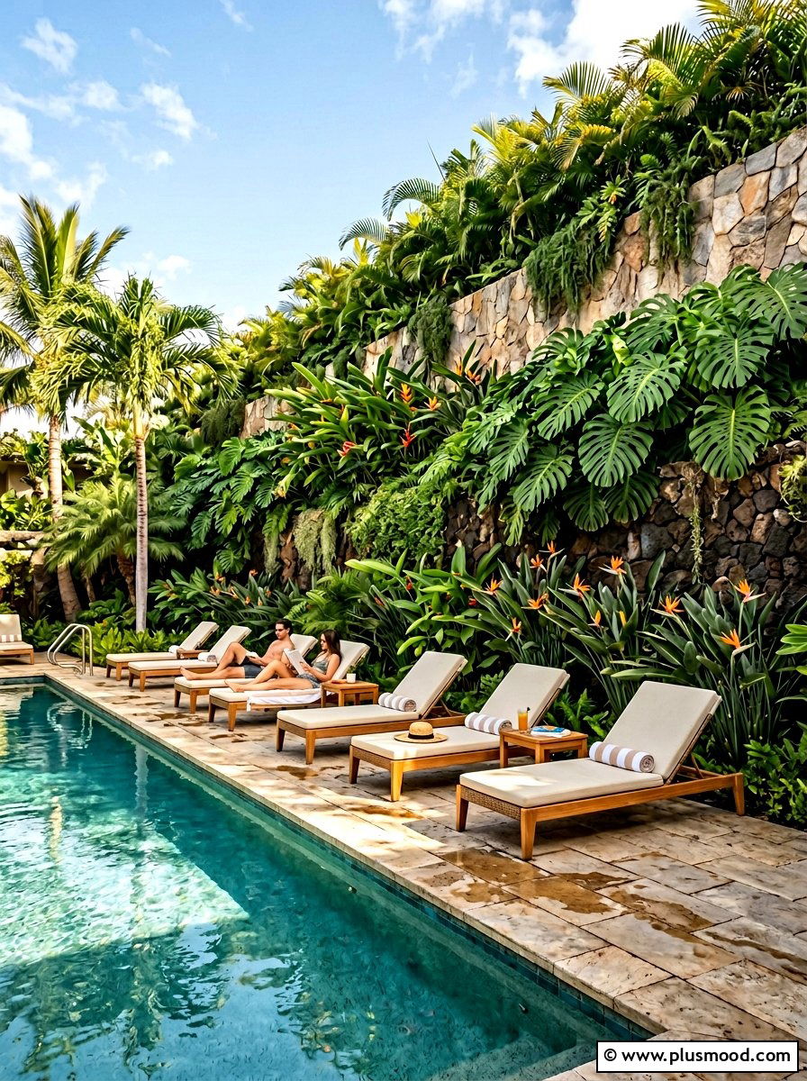 Tropical Poolside Garden Wall - 25 pool landscaping ideas with raised planters