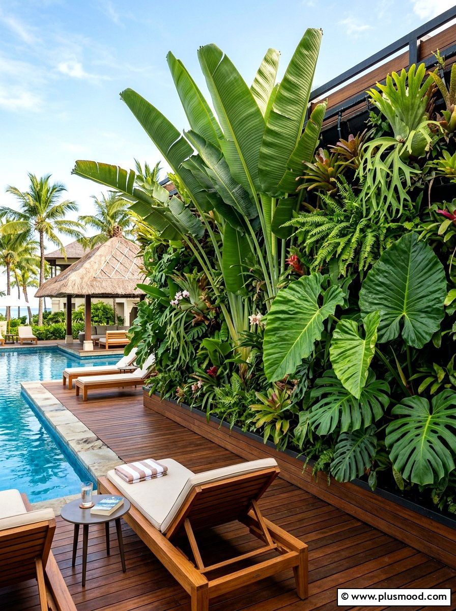 Tropical Poolside Vertical Garden - 25 pool landscaping ideas with vertical garden