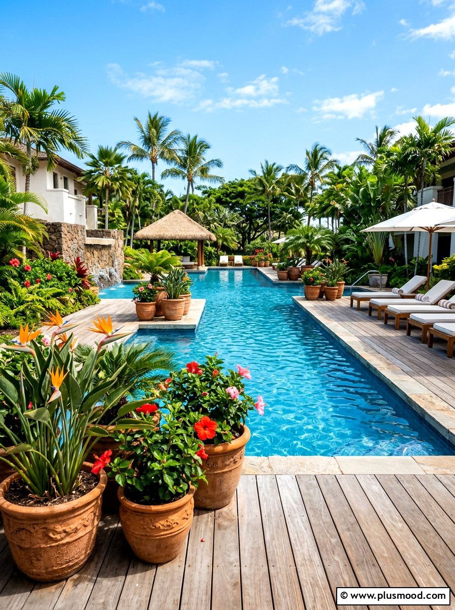 Tropical Potted Plants Poolside - 25 pool landscaping ideas for beginners