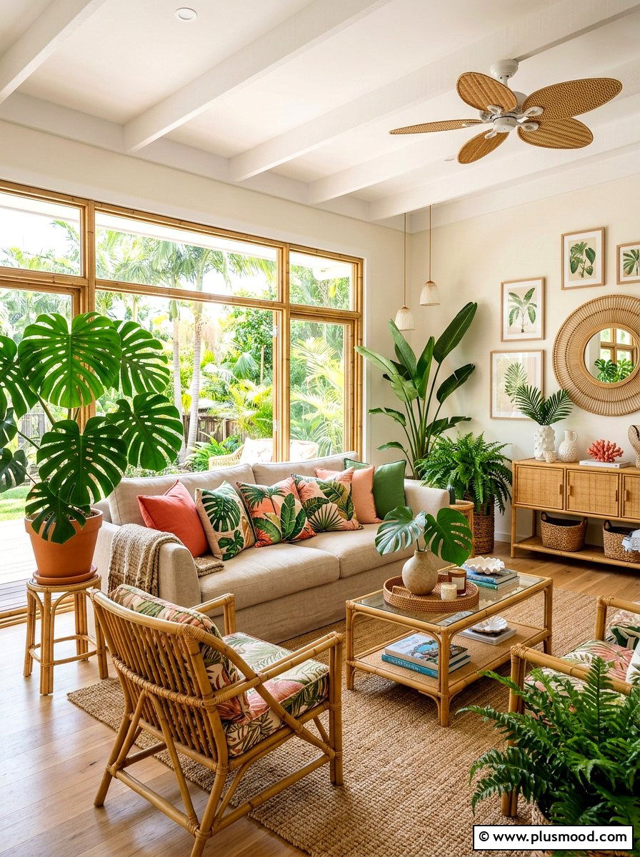 Tropical Print Living Room - 25 summer sofa styling ideas