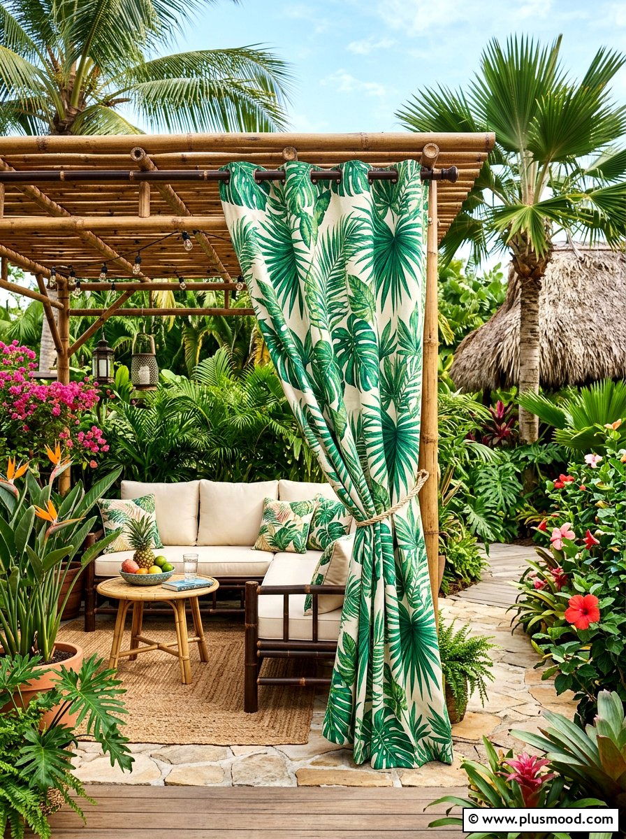 Tropical Print Outdoor Drapery - 25 small backyard ideas with outdoor curtains