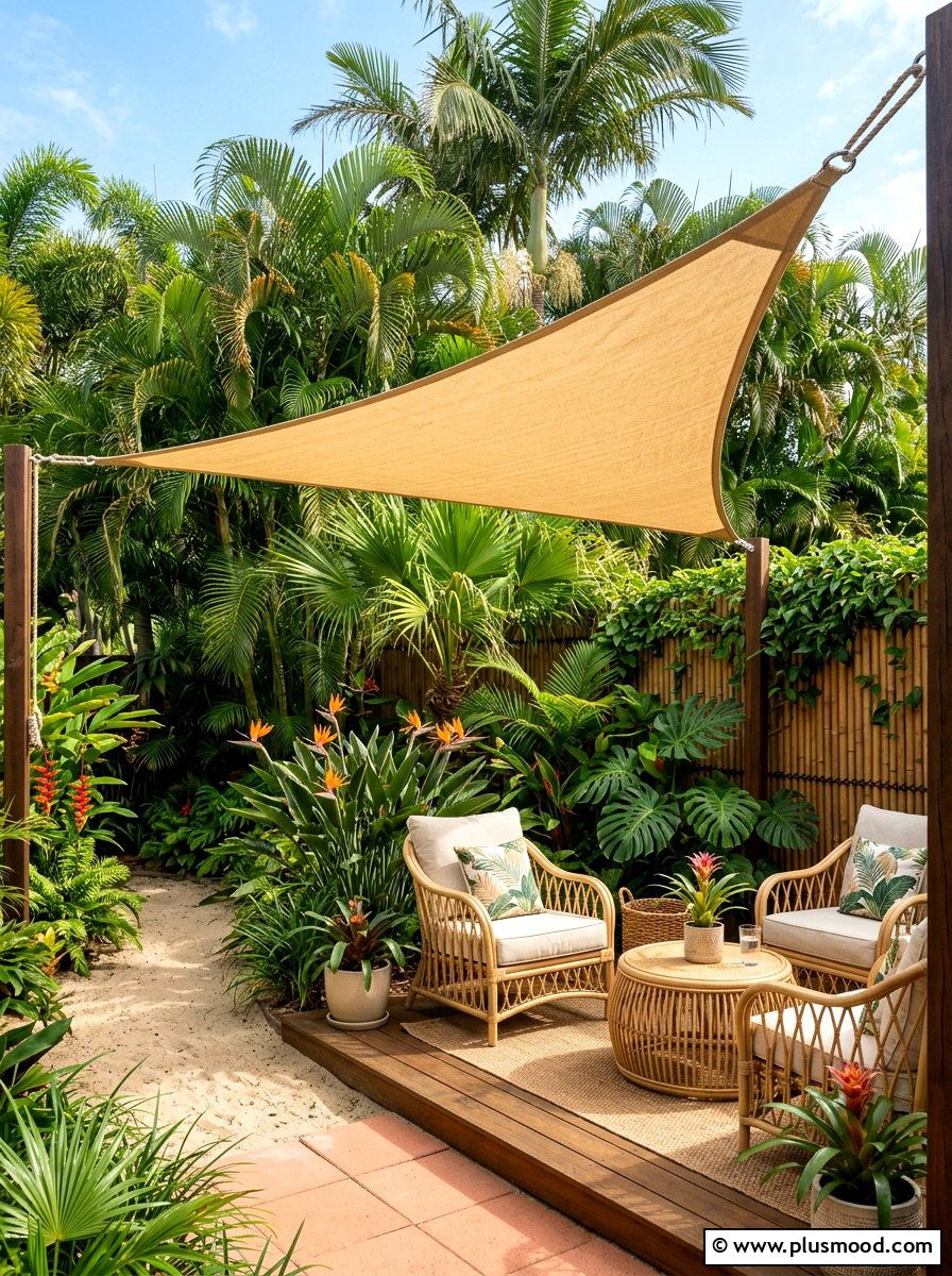 Tropical Small Backyard With Sand Colored Sail - 25 small backyard ideas with shade sail