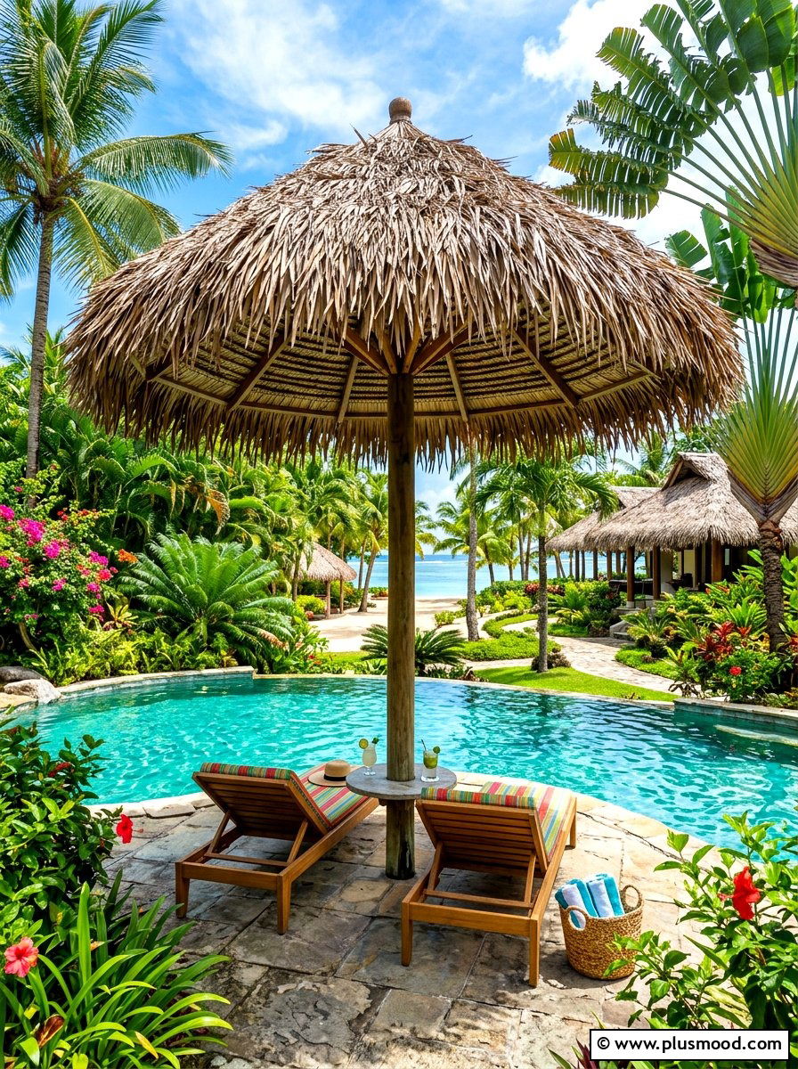 Tropical Thatch Umbrella - 25 summer poolside umbrella ideas