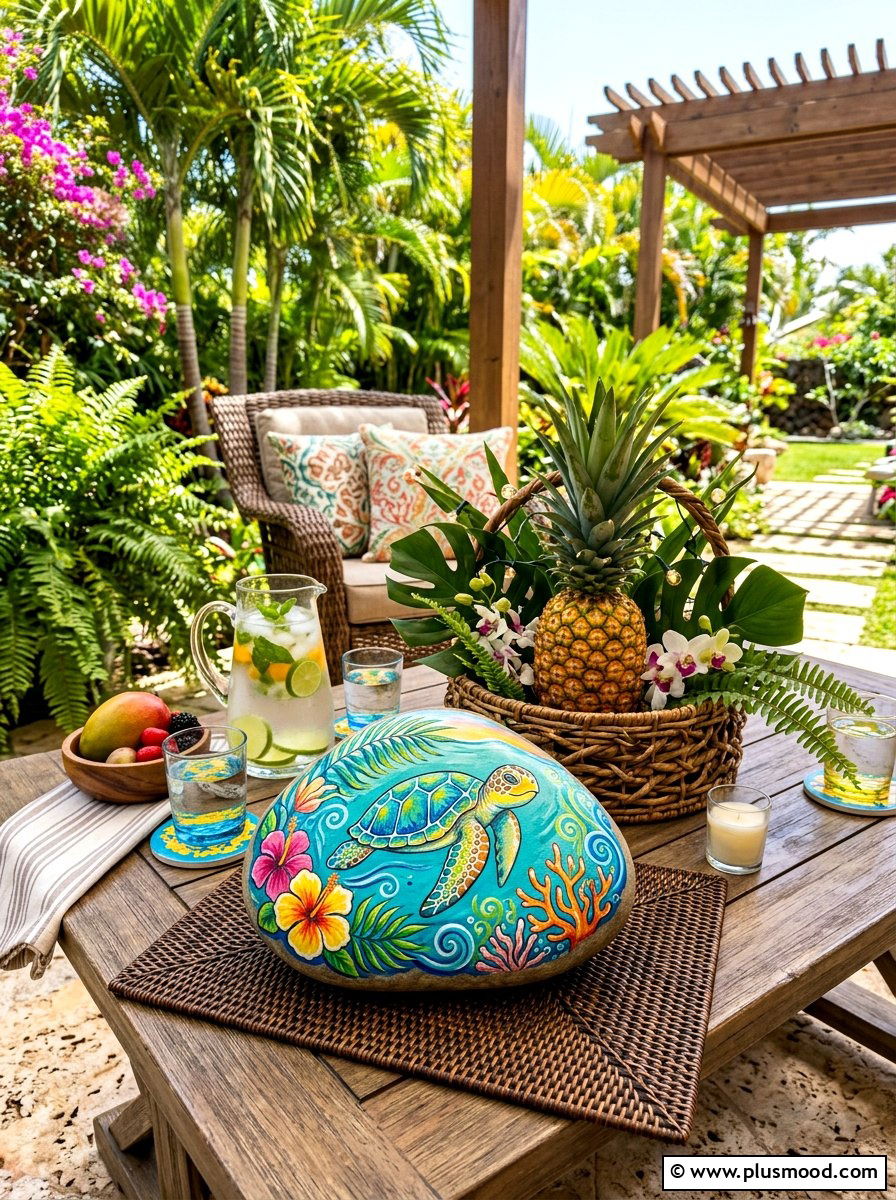 Tropical Turtle Rock Painting - 25 painted rock ideas with turtle art