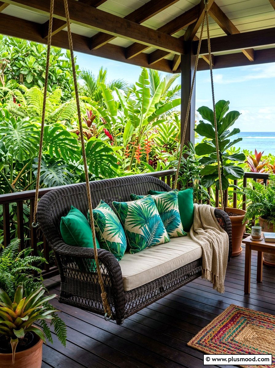 Tropical Wicker Porch Swing - 25 summer front porch swing ideas