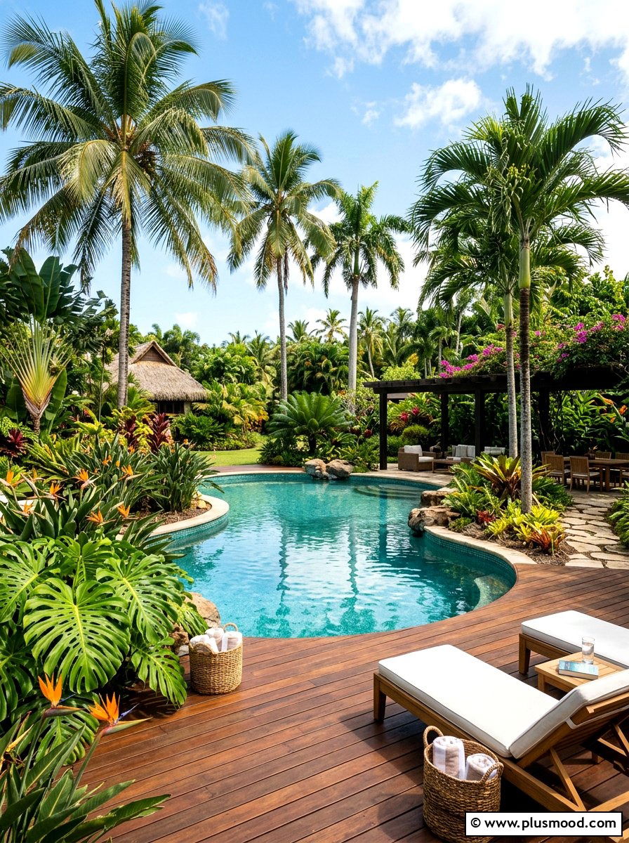 Tropical backyard pool with wood deck - 25 pool landscaping ideas with wooden deck