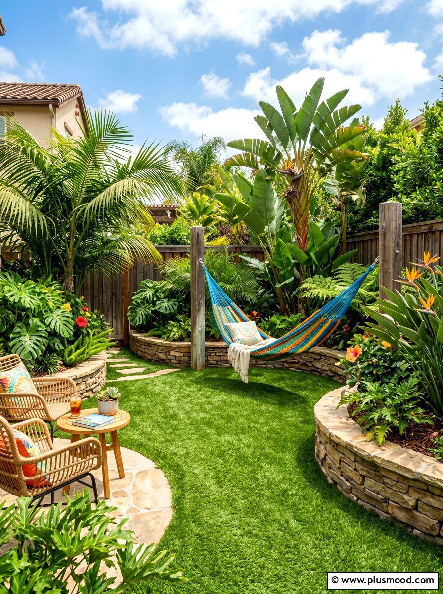 Tropical backyard turf - 25 small backyard ideas with artificial turf