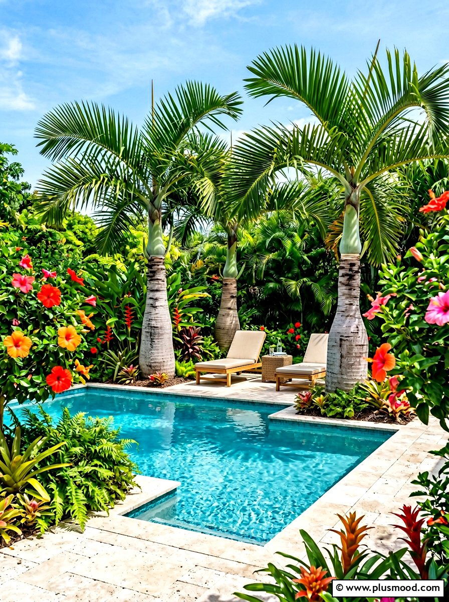 Tropical backyard with bottle palms - 25 summer pool landscaping ideas with palms