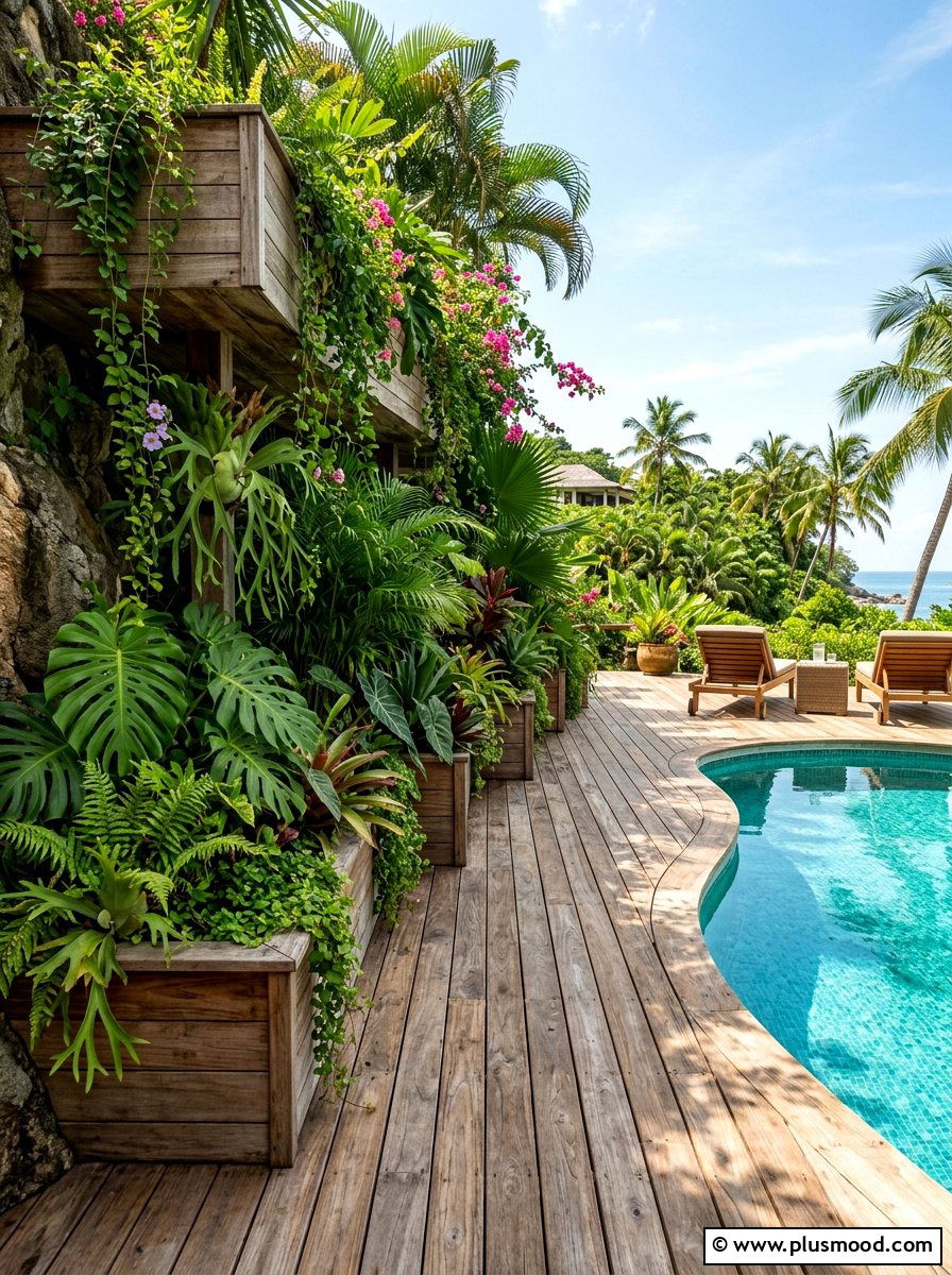 Tropical deck pool area - 25 pool landscaping ideas with tropical plants