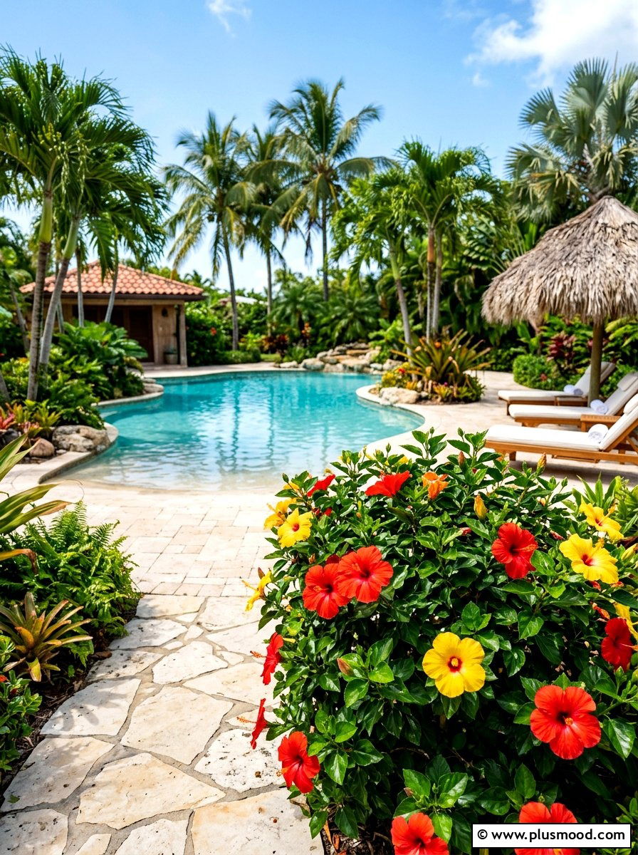 Tropical hibiscus around pool - 25 pool landscaping ideas with shrubs