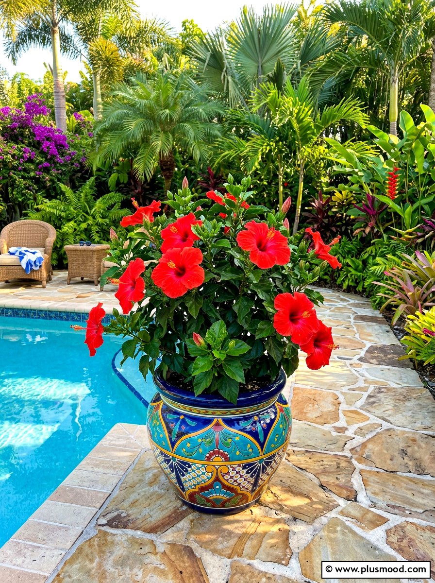 Tropical hibiscus flower planter - 25 summer poolside planter ideas