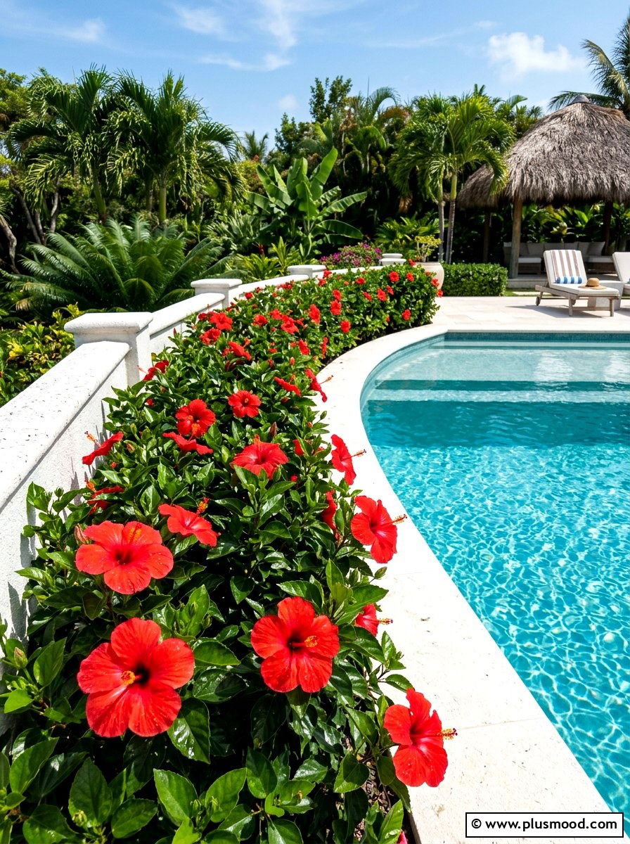 Tropical hibiscus pool border - 25 pool landscaping ideas with native plants