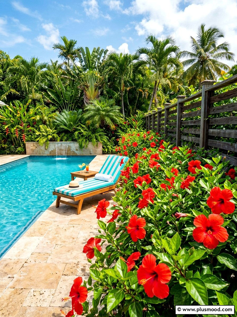 Tropical hibiscus pool garden - 25 pool landscaping ideas with flower beds
