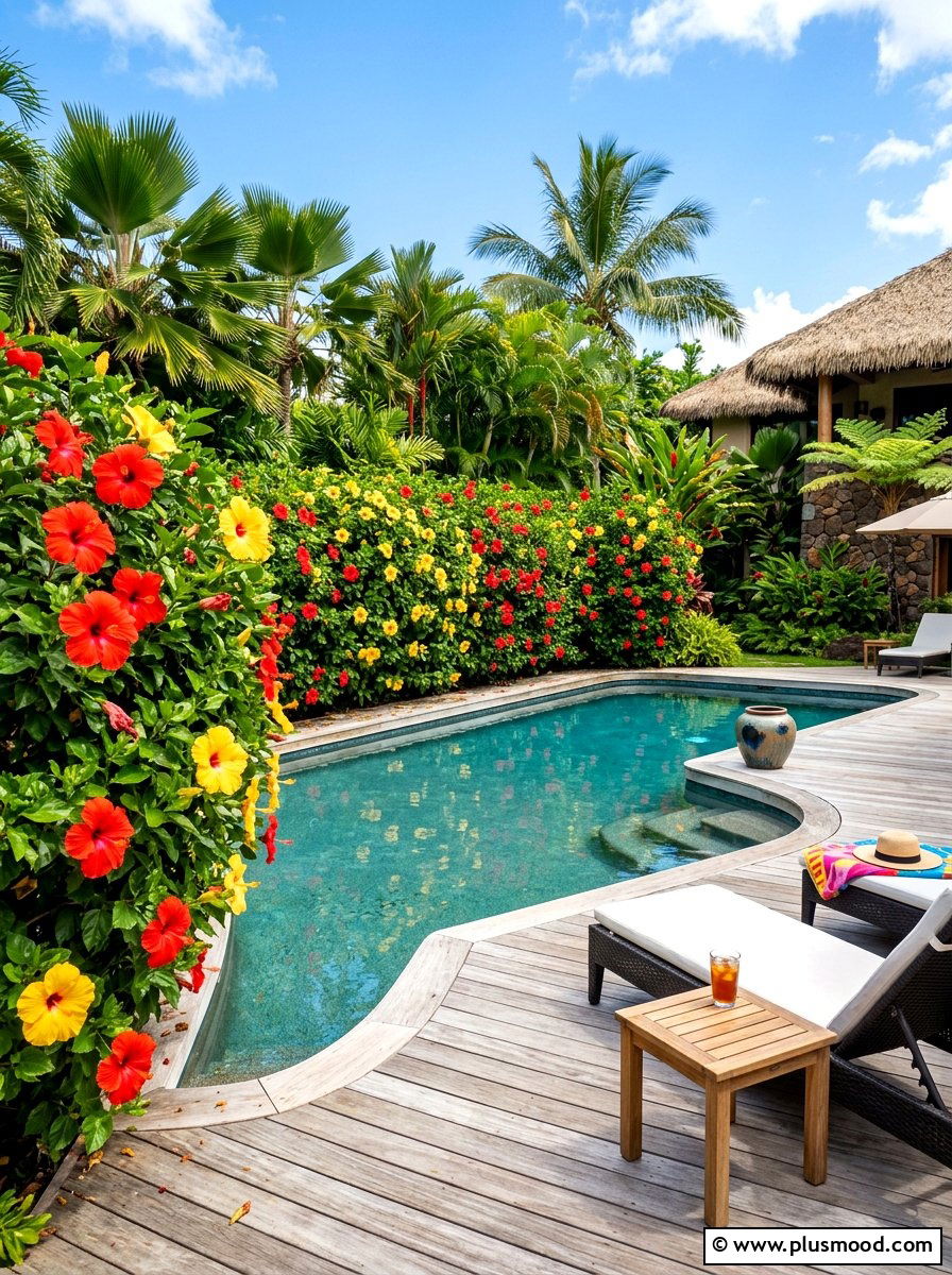 Tropical hibiscus pool garden - 25 pool landscaping ideas for saltwater pools