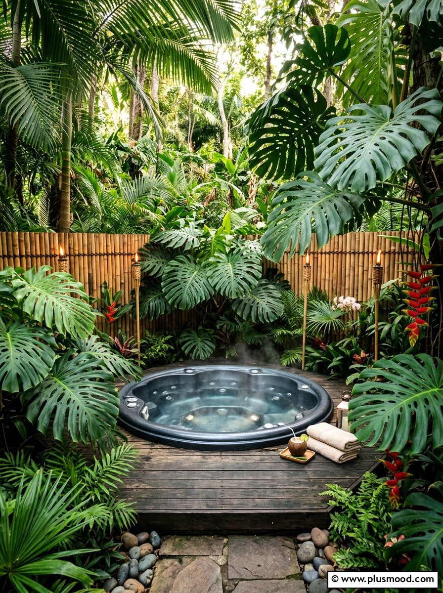 Tropical hot tub retreat - 25 small backyard ideas with hot tub
